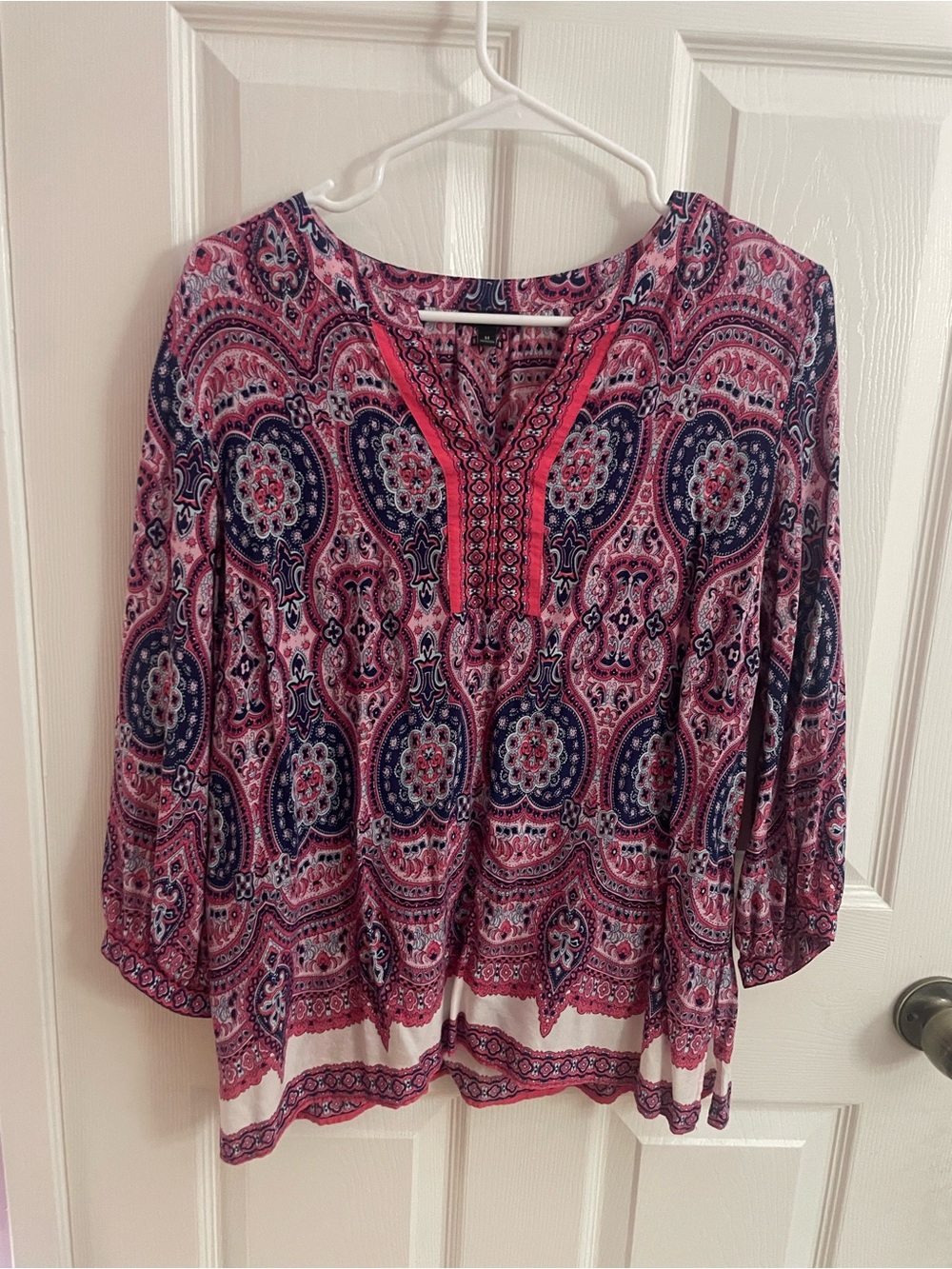 Talbots Pink Paisley V-Neck Printed Tunic with Navy Accents